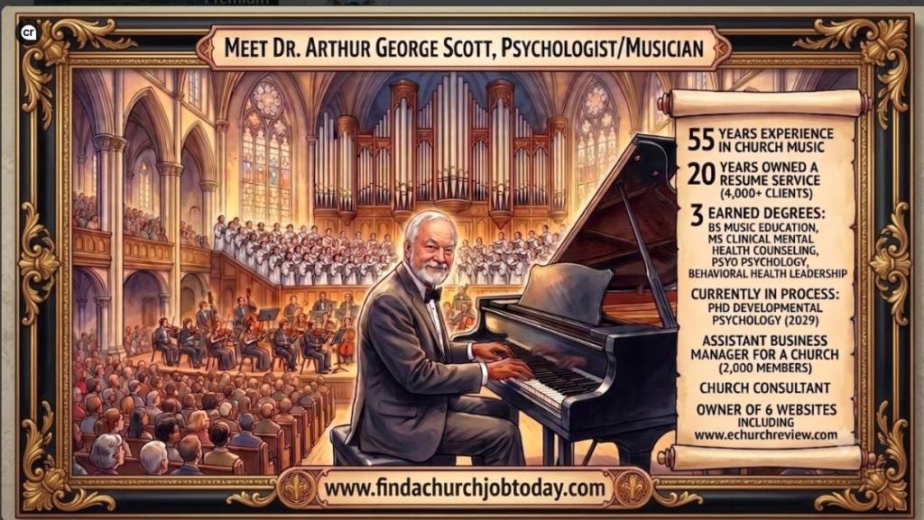 Man playing grand piano in cathedral interior