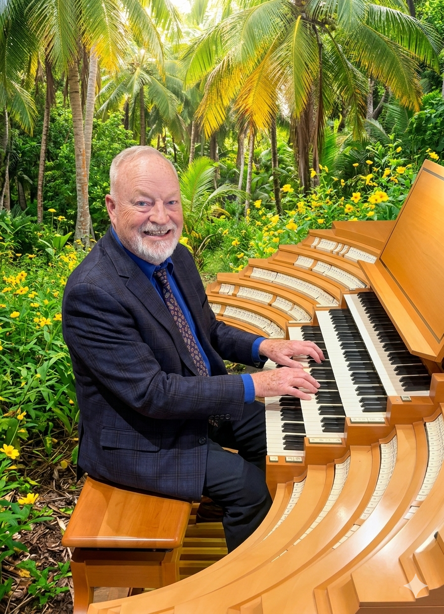 Dr. Arthur George Scott at the organ in a tropical garden