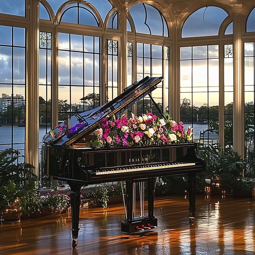 Grand piano with floral arrangement in a sunlit conservatory