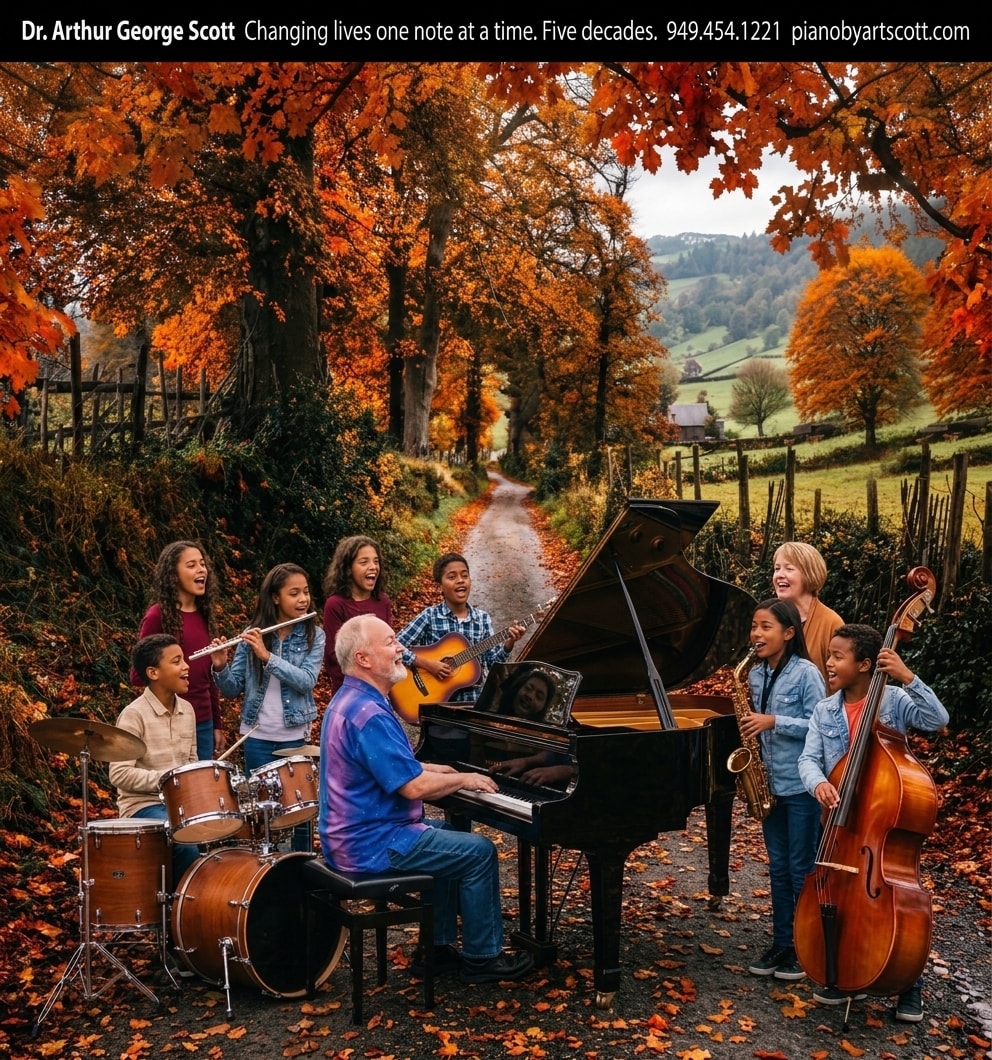 Dr. Arthur George Scott performing outdoors with students in autumn
