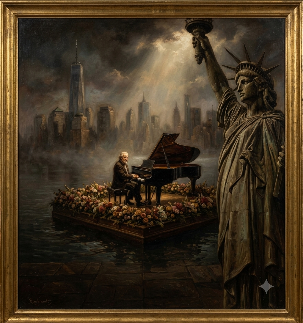Pianist performing near the Statue of Liberty — oil painting